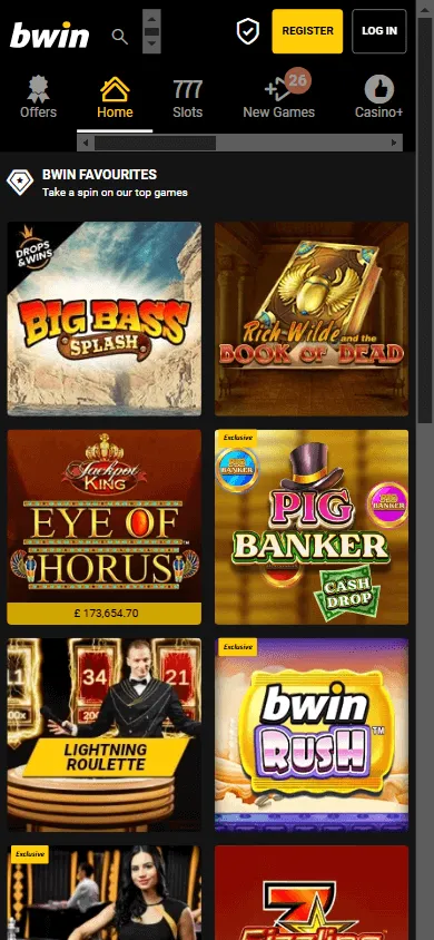 Bwin Casino mobile home screen with casino and account options