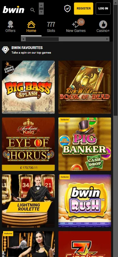 Bwin Casino mobile games screen with casino game formats