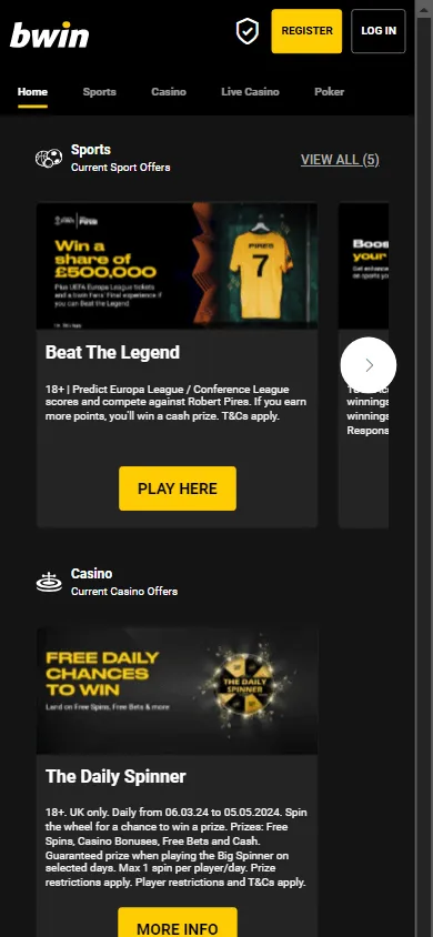 Bwin Casino mobile promotions screen with bonus offers