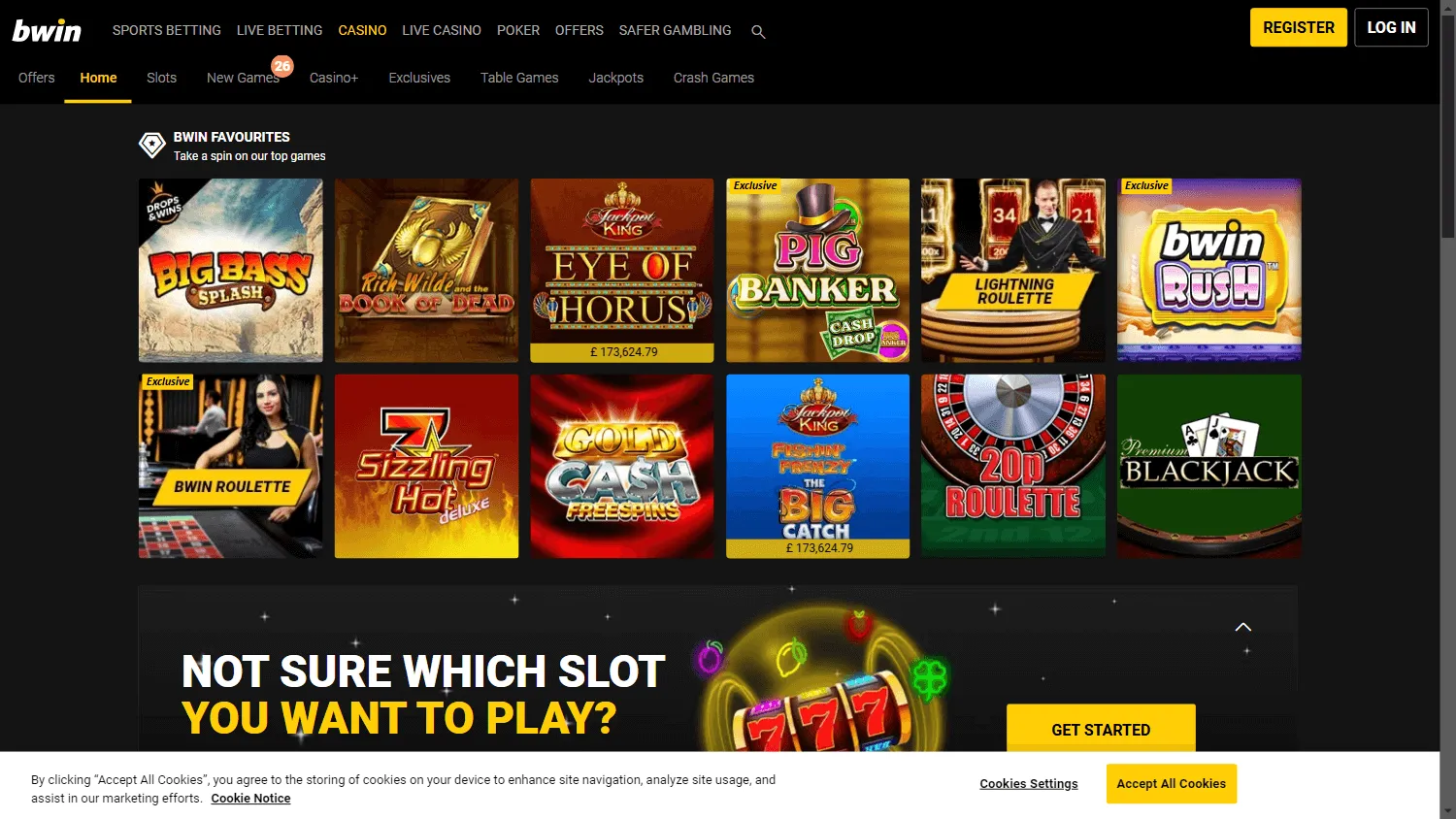 Bwin Casino desktop home screen with casino options and account tools
